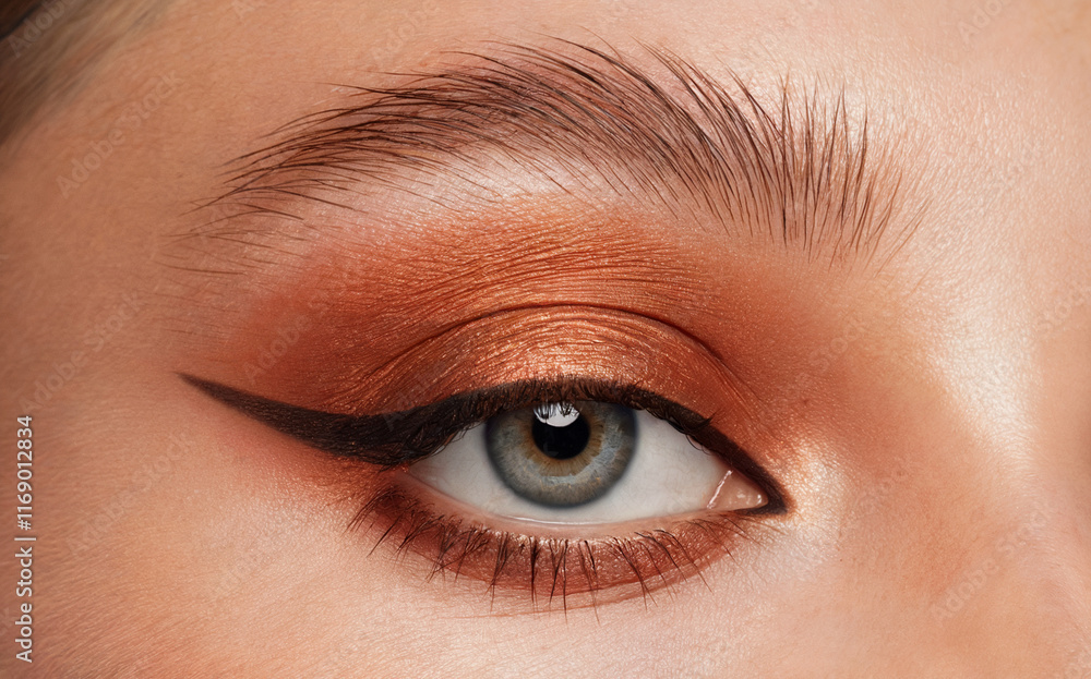 Fototapeta premium A close-up of a person's eye. The eye is accentuated with a warm, burnt-orange eyeshadow that transitions into a deeper shade near the crease.