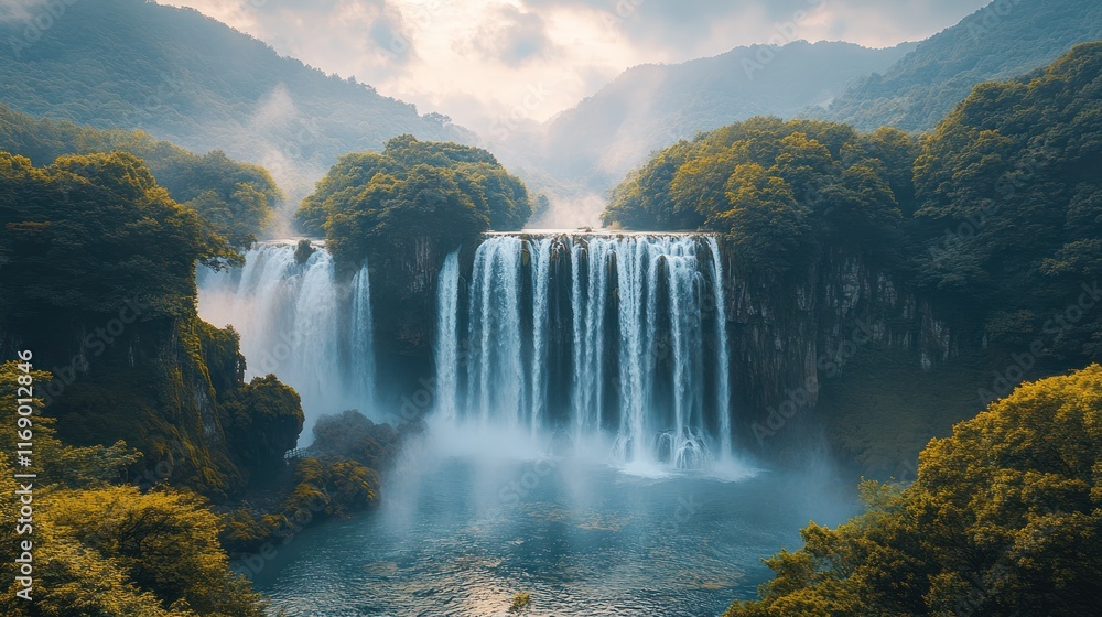 Fototapeta premium Majestic waterfall cascading down lush green cliffs, misty atmosphere.