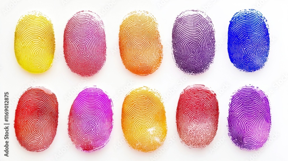Fototapeta premium Colorful Fingerprint Prints on White Background - Abstract Design