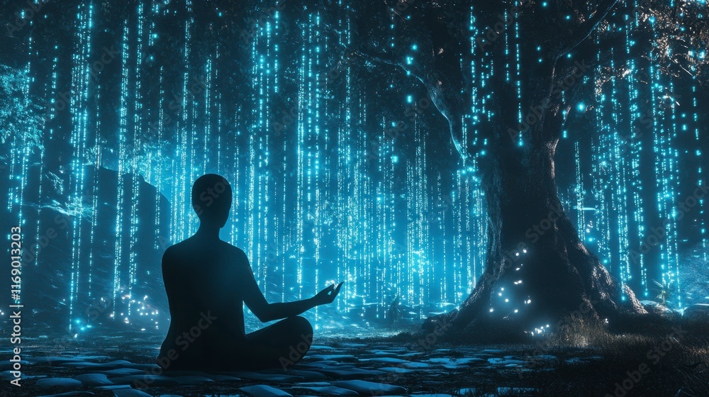 Serene Woman Meditating in a Mystical Digital Forest Serene Woman Meditating in a Mystical Digital Forest