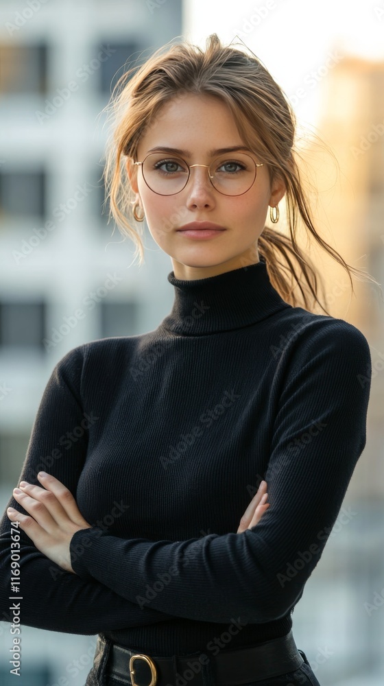 Confident woman in a modern urban setting showcasing professionalism and poise