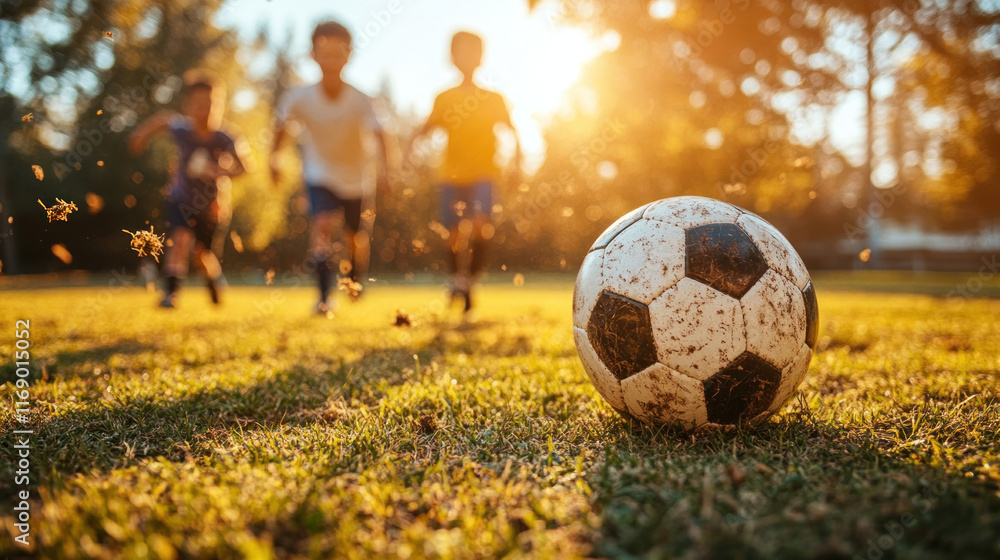 Obraz premium A Father Day sports event with fathers and kids playing soccer in a park