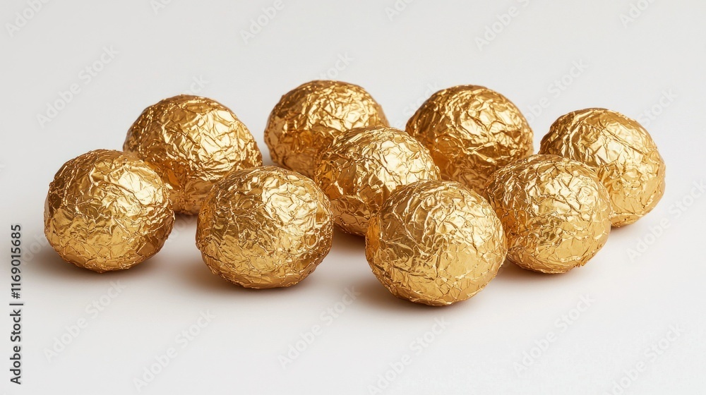 Gold foil wrapped chocolate balls on white background for celebrations Gold foil wrapped chocolate balls on white background for celebrations