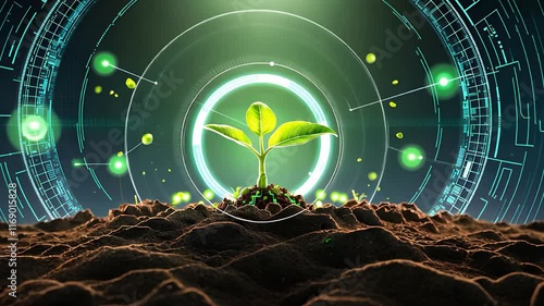 Young Green Sprout Emerging from Soil with Futuristic Digital Elements and Glowing Energy Circles

 photo