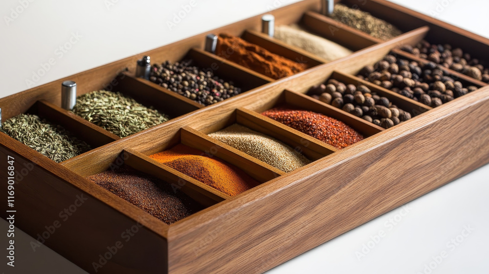 Wooden spice rack filled with an assortment of colorful spices and herbs Wooden spice rack filled with an assortment of colorful spices and herbs