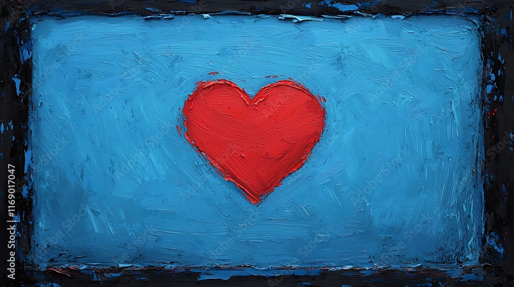 Impasto painting of a red heart on a blue background. Impasto painting of a red heart on a blue background.