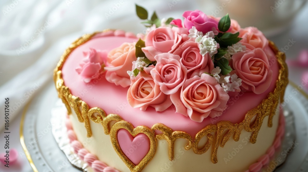 A close-up of a heart-shaped cake with a pink and gold design, topped with a bouquet of roses for a romantic celebration A close-up of a heart-shaped cake with a pink and gold design, topped with a bouquet of roses for a romantic celebration