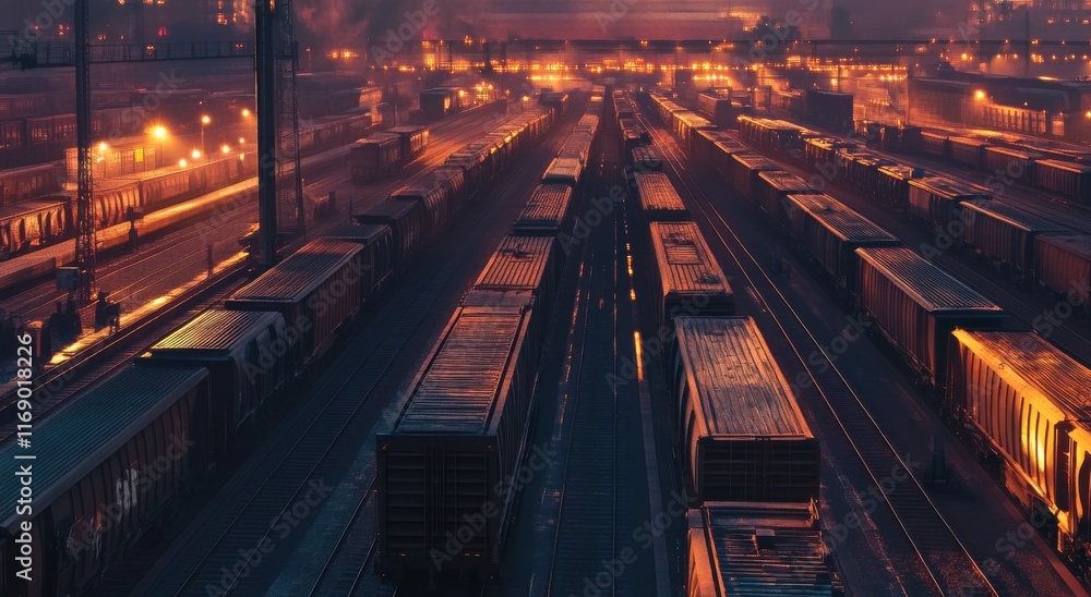Vibrant twilight at a bustling freight yard illuminated by warm lights and shadows Vibrant twilight at a bustling freight yard illuminated by warm lights and shadows