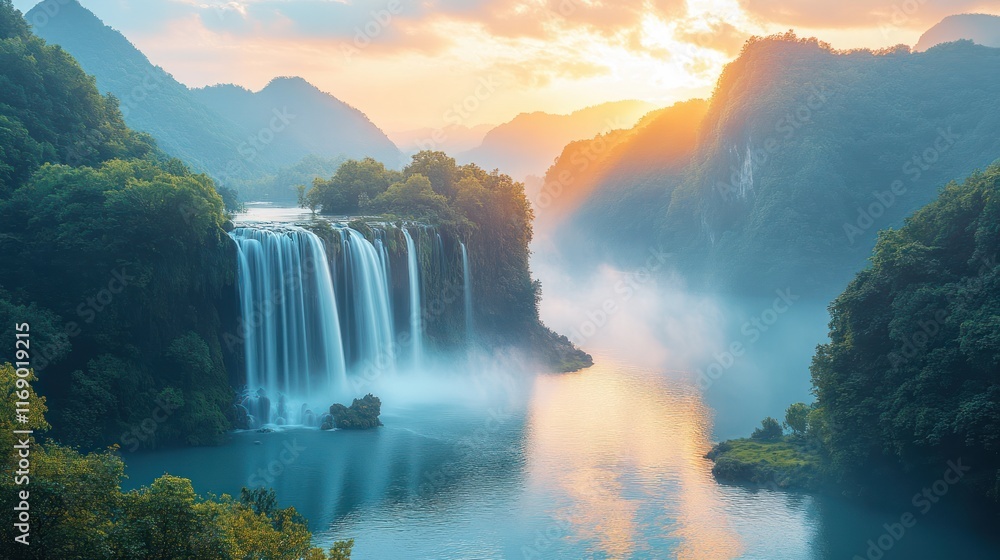 Fototapeta premium Majestic waterfall cascading into serene lake at sunrise.