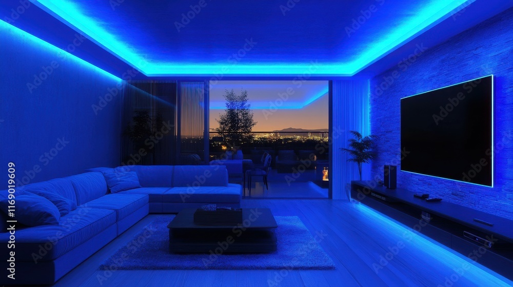 Cozy modern living space illuminated by soft blue lights at twilight with a stunning city view Cozy modern living space illuminated by soft blue lights at twilight with a stunning city view