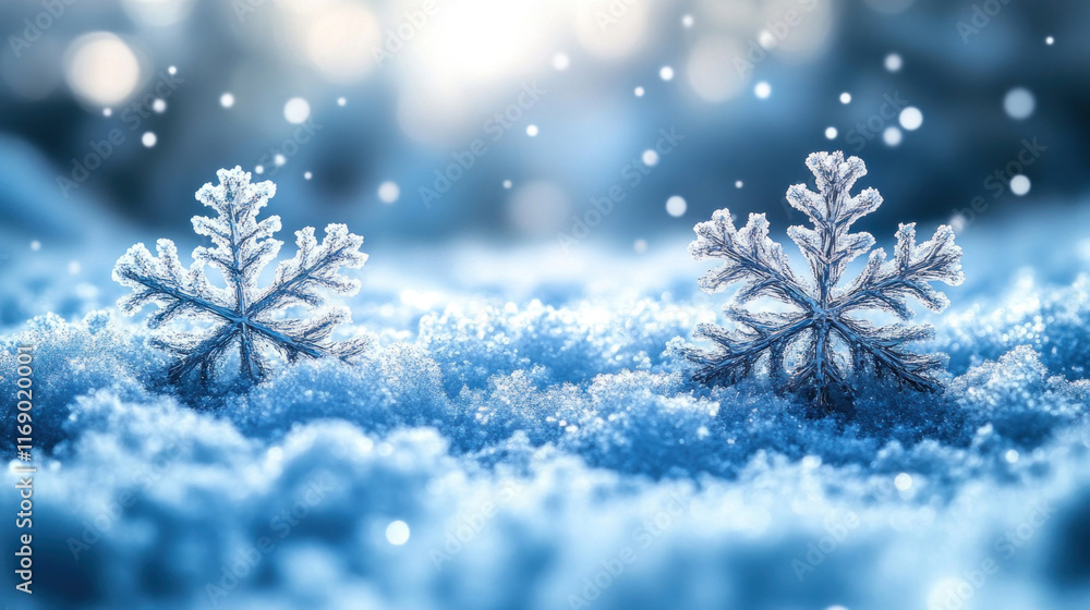 A holiday background of falling snowflakes against a gradient blue sky for a serene effect A holiday background of falling snowflakes against a gradient blue sky for a serene effect