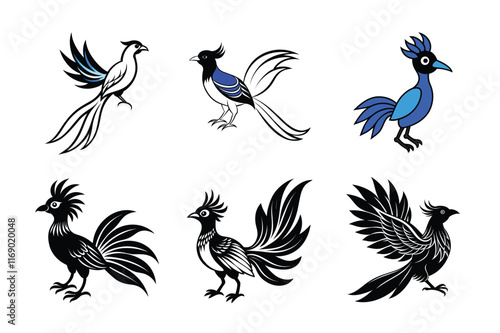 Blue birds of paradise remarkable and extravagant vector silhouette illustration. 