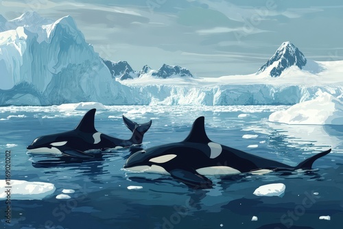 Orcas Swim in Glacial Antarctic Waters photo