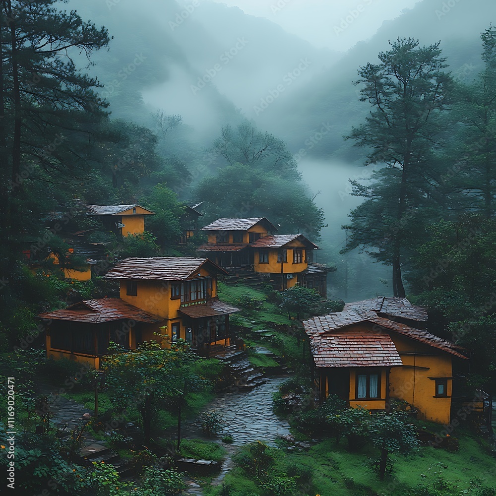 Obraz premium Idyllic Mountain Village Terraced Fields Covered Morning Mist Serenity Photo