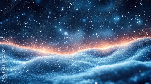 A holiday background of snowflakes falling gently on a dark, starry sky