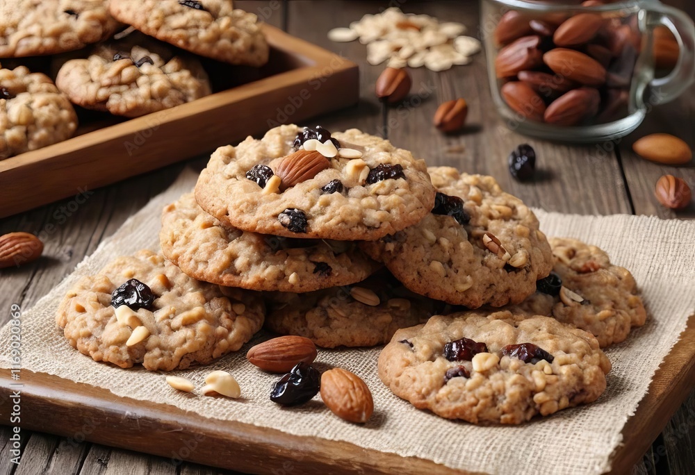 A plate of oatmeal cookies with raisins and nuts on a wooden table A plate of oatmeal cookies with raisins and nuts on a wooden table