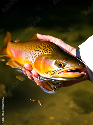 The brown trout Salmo trutta European species of salmonid fish widely introduced into suitable environments globally includes purely freshwater populations referred to as riverine ecotype photo