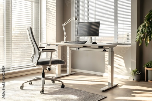 Modern remote work setup featuring a minimalist desk, ergonomic chair, and sleek computer in a bright and organized workspace, Creative remote work setup in a cozy home office environment