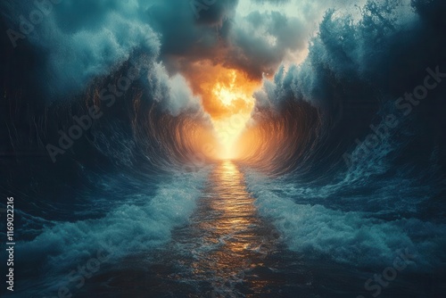 dramatic 3d illustration of the biblical event of moses parting the red sea capturing the awe and grandeur of this momentous occasion with fierce waves and divine light