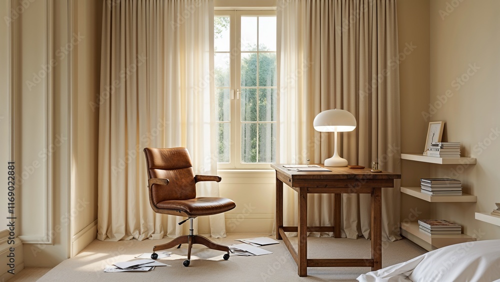 Fototapeta premium A serene beige bedroom corner with a dedicated reading nook, soft lighting, cozy cushions, calming decor, and a peaceful ambiance perfect for unwinding and relaxation