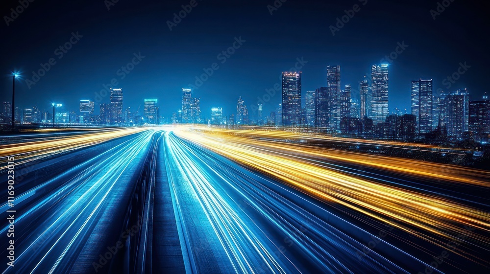 Night cityscape with light trails from moving vehicles. Night cityscape with light trails from moving vehicles.