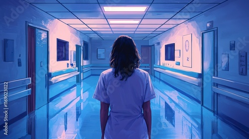 A health worker stands at the end of a corridor, framed by a surreal mix of colors, creating a contemplative atmosphere in a typically clinical environment. photo