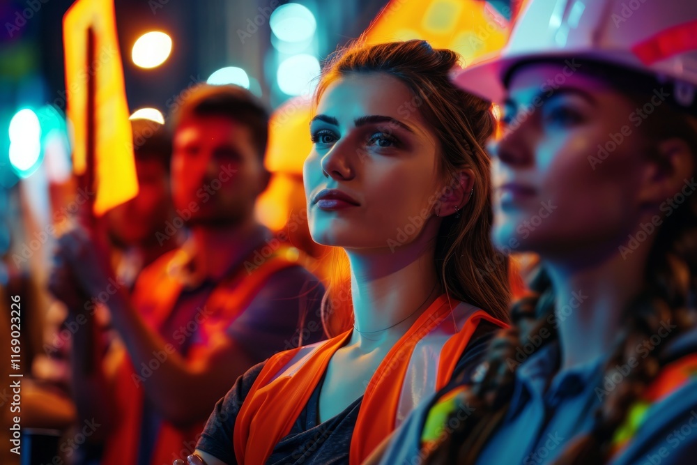 Obraz premium Nighttime protest with determined activists