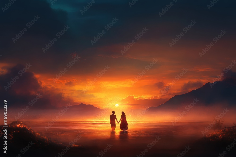 Couple holding hands at sunset beach with vibrant sky and ocean view Couple holding hands at sunset beach with vibrant sky and ocean view