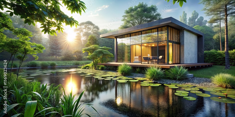 Obraz premium Modern Home Exterior with Serene Pond and Lush Greenery - Stock Photo
