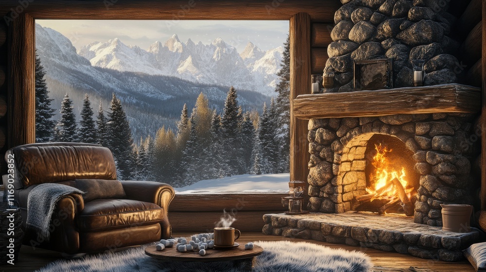 Cozy cabin interior with fireplace and mountain view in snowy winter landscape Cozy cabin interior with fireplace and mountain view in snowy winter landscape