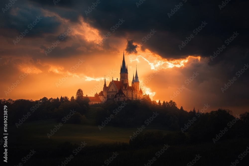 Naklejka premium Dramatic sunset behind majestic castle with towering spires amidst dark clouds
