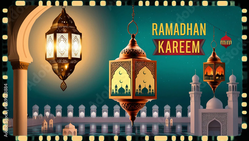 Ramadhan Kareem themed background illustration with Islamic nuanced decorations, creating a distinctive and peaceful atmosphere, very suitable for use as wallpaper to welcome the holy month.