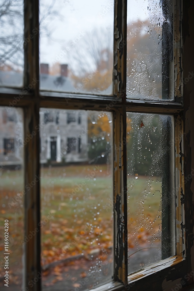 Naklejka premium close-up of wet window with raindrops misty background of old house during rainy day