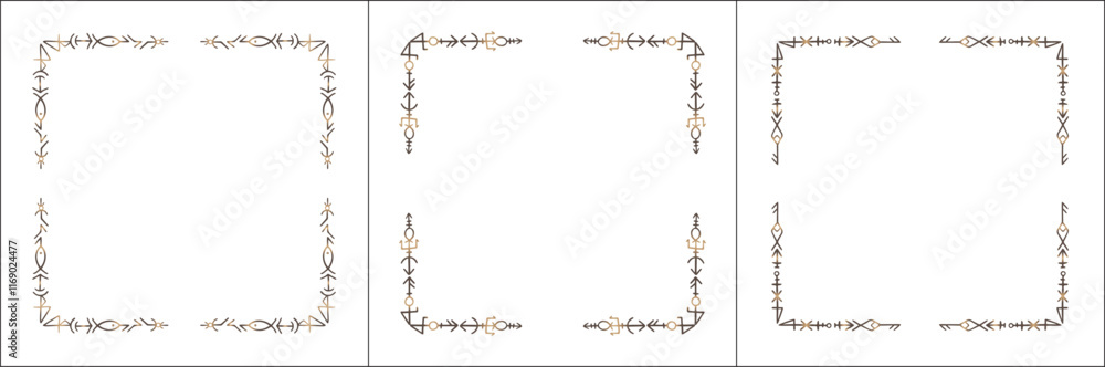 Frame set. Three brown frames with elegant black and white ornamental frame with Viking runes, decorative border, corners. Isolated vector illustration. Frame set. Three brown frames with elegant black and white ornamental frame with Viking runes, decorative border, corners. Isolated vector illustration.