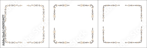 Frame set. Three brown frames with elegant black and white ornamental frame with Viking runes, decorative border, corners. Isolated vector illustration.	