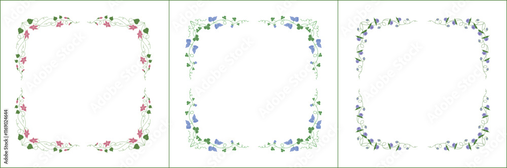 Set of three elegant green vegetal ornamental frame with blue and pink flowers, decorative border. Isolated vector illustration
Set of three elegant green vegetal ornamental frame with blue and pink flowers, decorative border. Isolated vector illustration