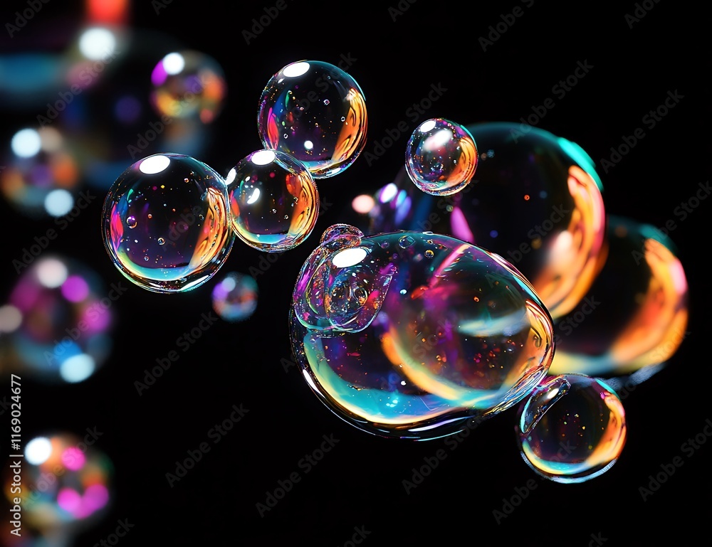 Naklejka premium Iridescent soap bubbles floating on black background. (1)