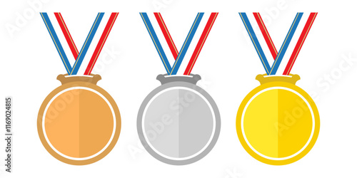 Simple illustration of golden, silver and bronze award medal with ribbons for winners