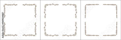 Frame set. Three brown frames with elegant black and white ornamental frame with Viking runes, decorative border, corners. Isolated vector illustration.	