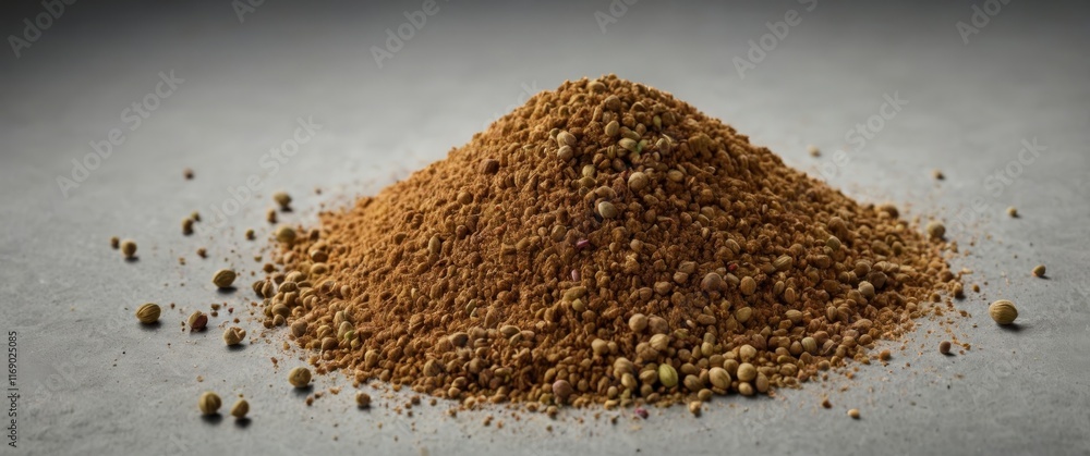 Pile of Ground Coriander Powder on a Dark Surface with Textured Background Pile of Ground Coriander Powder on a Dark Surface with Textured Background