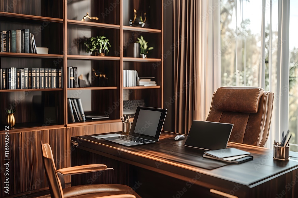Modern remote work setup featuring a minimalist desk, ergonomic chair, and sleek computer in a bright and organized workspace, Creative remote work setup in a cozy home office environment