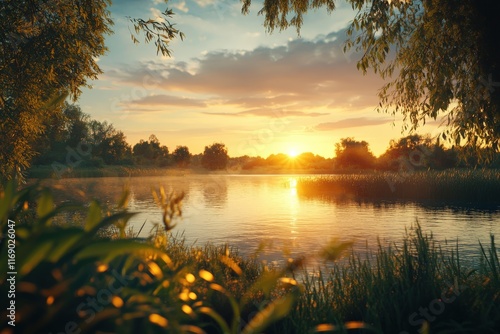 Fototapeta Naklejka Na Ścianę i Meble -  Tranquil sunset over serene lake surrounded by lush trees and gentle reeds