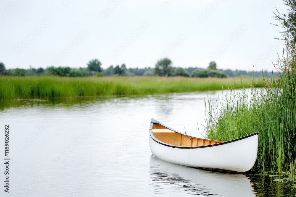 Tranquil river scene with a white canoe amidst lush greenery. Tranquil river scene with a white canoe amidst lush greenery.
