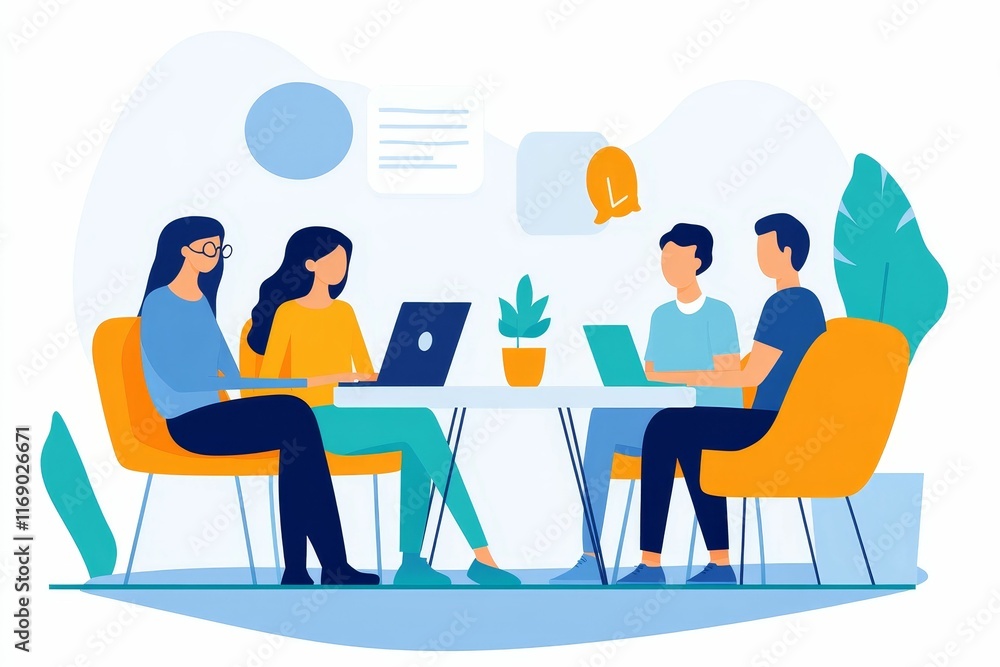 Team meeting, laptops, collaboration, modern office. Team meeting, laptops, collaboration, modern office.