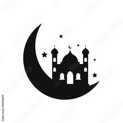 Islamic Icon Silhouette of Mosque Resting on Crescent Moon