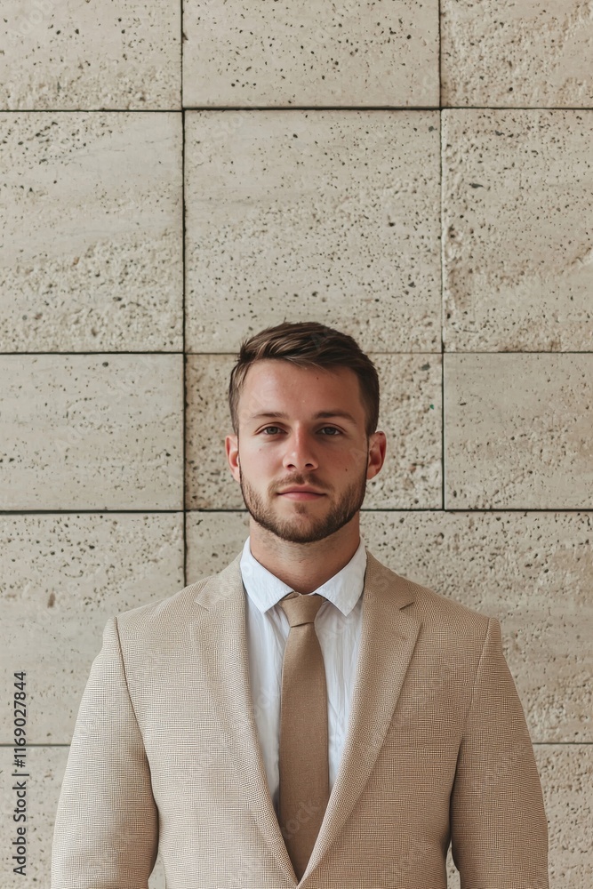 Handsome Businessman in Beige Suit Against a Stone Wall Handsome Businessman in Beige Suit Against a Stone Wall