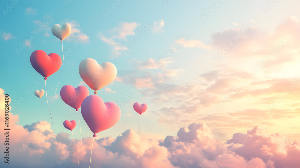 delightful array of pastel colored heart balloons floating in sky delightful array of pastel colored heart balloons floating in sky