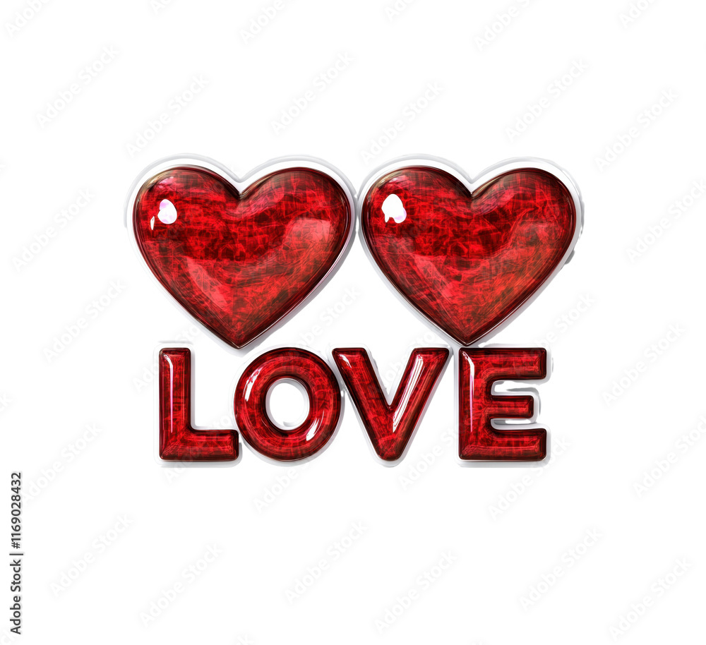 Two glossy red hearts accompany the word love, representing emotions related to romance, affection, and connection. Perfect for celebrations of love. Two glossy red hearts accompany the word love, representing emotions related to romance, affection, and connection. Perfect for celebrations of love.