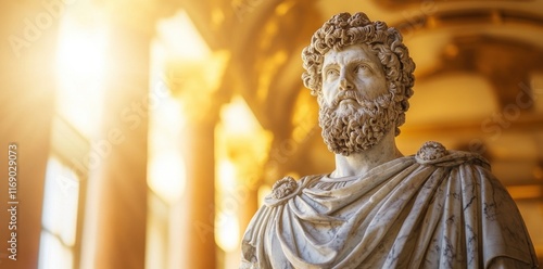 Majestic marble statue of an ancient ruler reflecting sunlight in a grand historical hall