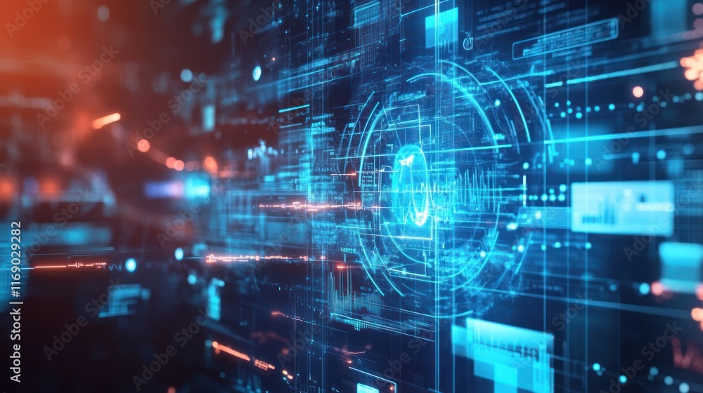 Abstract digital interface with data streams and glowing graphical elements. Abstract digital interface with data streams and glowing graphical elements.